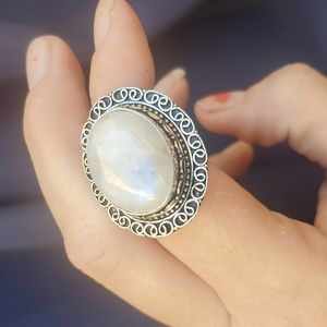 New Rainbow Moonstone 925 Silver Ring.